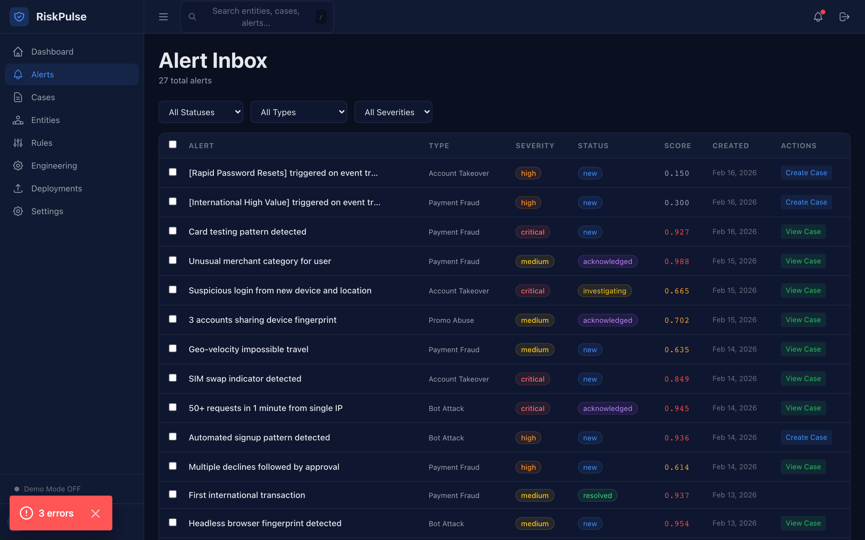Alert inbox with filters and bulk actions
